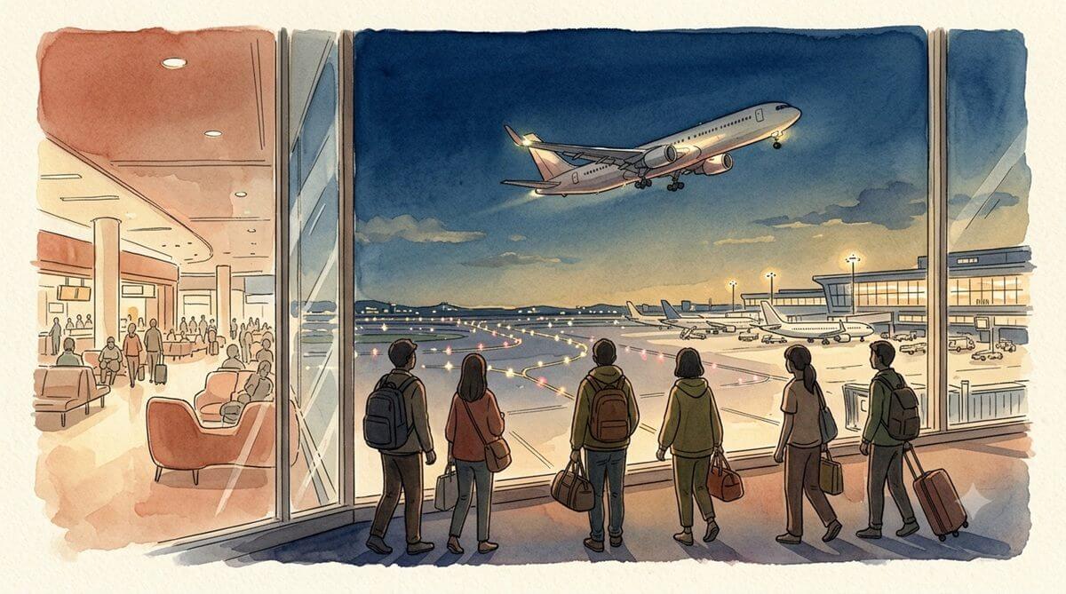 夜の空港から深夜便で出発するマレーシアツアーのイメージイラスト