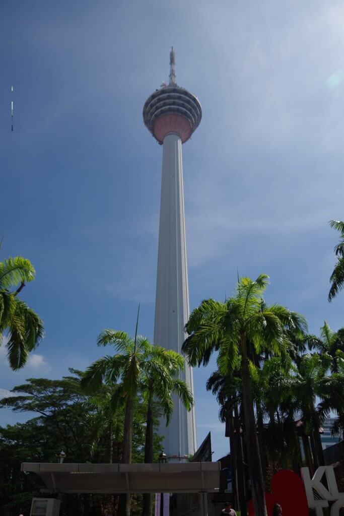 青空にそびえるKLタワーの全景 ヤシの木と共に見上げる